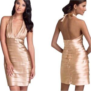 BCBGMAXAZRIA Nude Satin Bandage Halter Tiered Mini Dress Bodycon Glam Cocktail